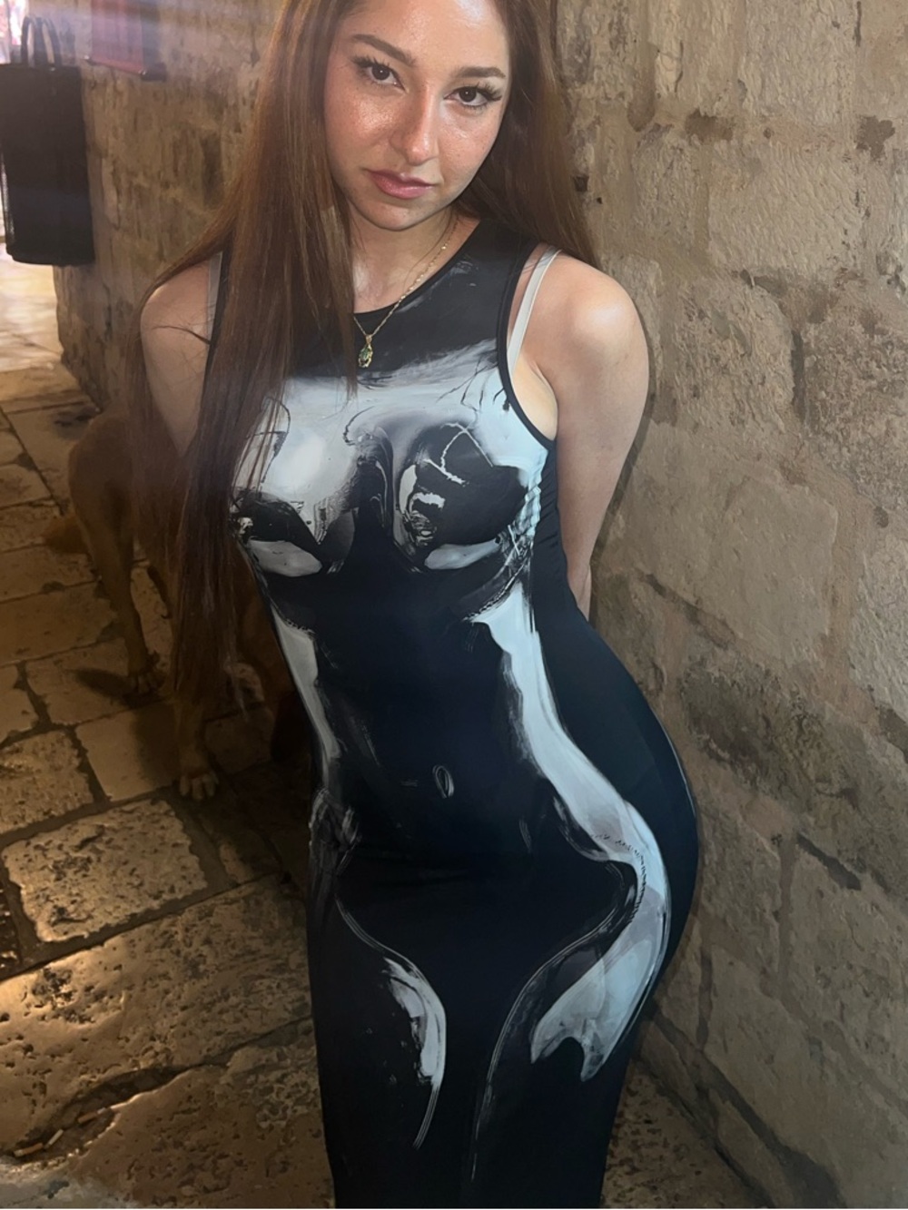 White Fox Boutique Black and White Maxi Dress with Abstract Body Print